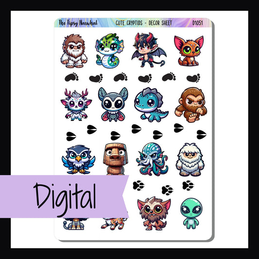 The Digital Cute Cryptids Decor Sheet is a digital version of the Cute Cryptids Decor sheet featuring 16 adorable renditions of famous mysterious creatures. 