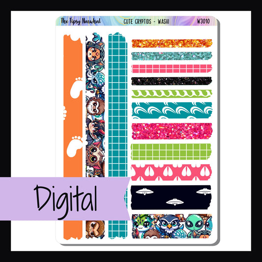 Digital Cute Cryptids Washi Sheet is a digital printable version of the Cute Cryptids Washi Sheet.  It features several washi strips of varying sizes all of which coordinate with the Cute Cryptids Kits. 