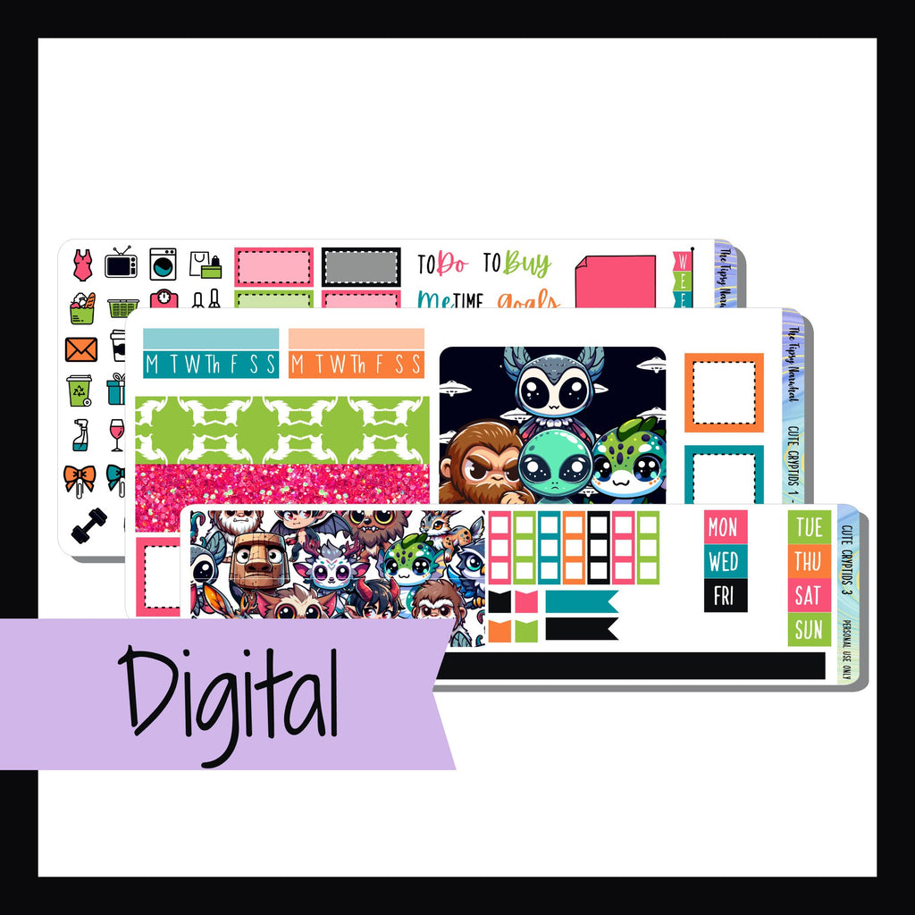 The Digital Cute Cryptids Hobonichi Weeks Kit is the digital/printable version of the Cute Cryptids Hobonichi Weeks Kit.  a three page kit featuring bright colors and adorable cryptid creatures.