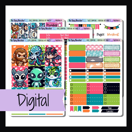 Digital Cute Cryptids Vertical Weekly Kit is a digital/printable version of the Cute Cryptids Vertical Weekly Kit.  The kit is 5 pages and features bright colors and cute cryptid creatures. 