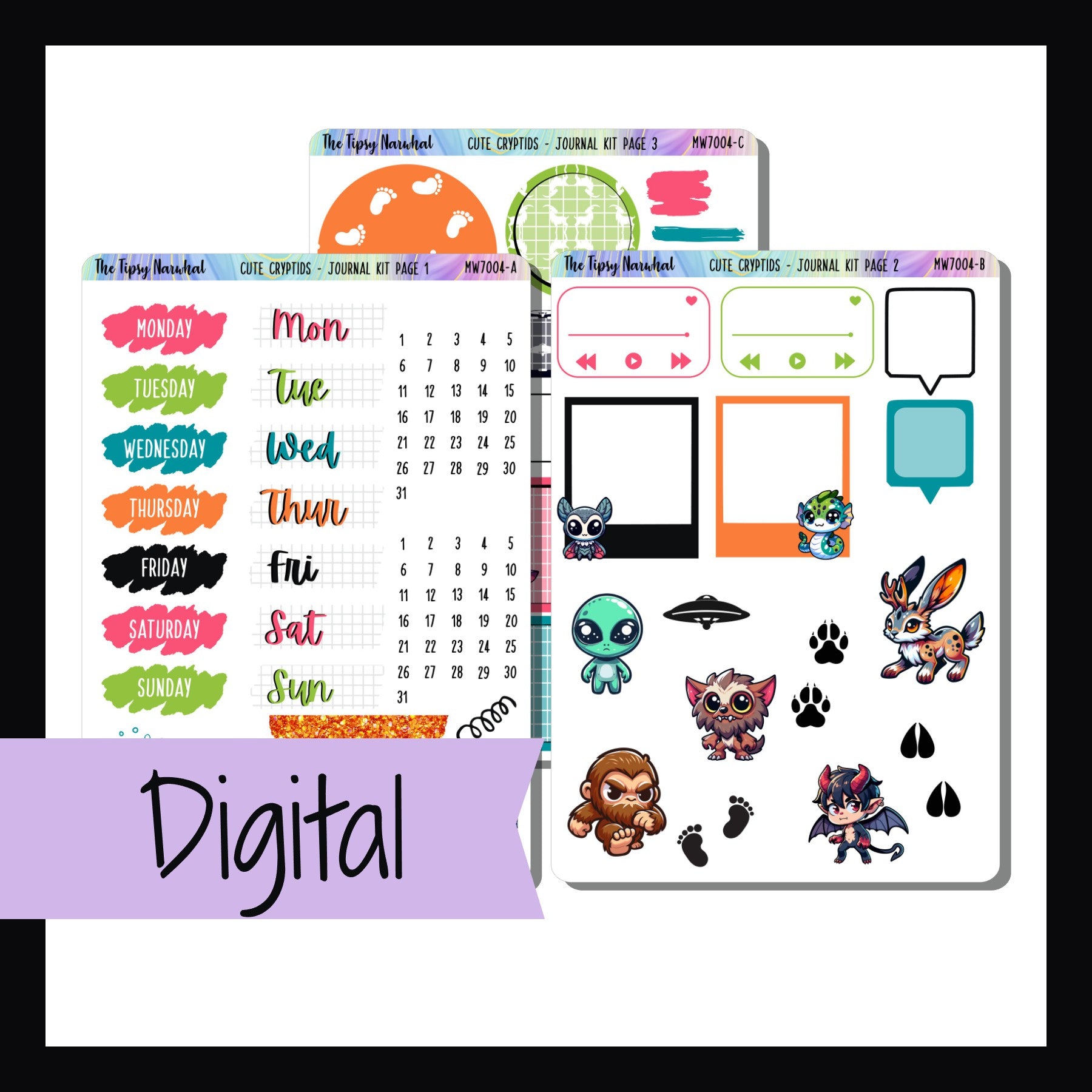 Digital Cute Cryptids Journal kit is a digital printable version of the Cute Cryptids Journal Kit.  It's a 3 page kit featuring bright colors and adorable cryptid creatures. 