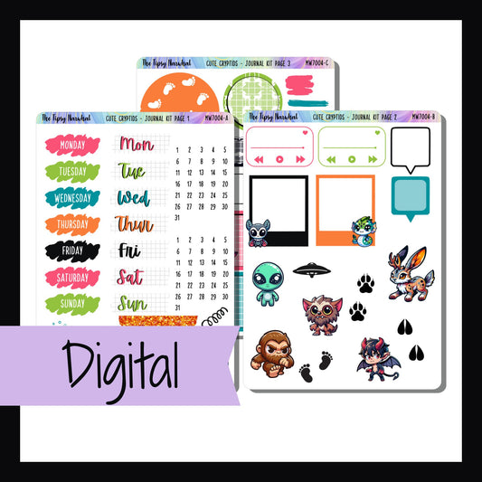 Digital Cute Cryptids Journal kit is a digital printable version of the Cute Cryptids Journal Kit.  It's a 3 page kit featuring bright colors and adorable cryptid creatures. 