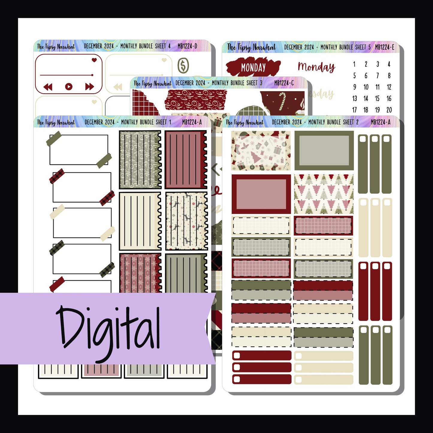 Digital December 2024 Monthly Bundle is a digital/printable version of the sticker kit with the same name.  It is a 5 page sticker kit universally sized to fit many planners.  It features a limited edition Christmas theme in a traditional red and green color palette. 