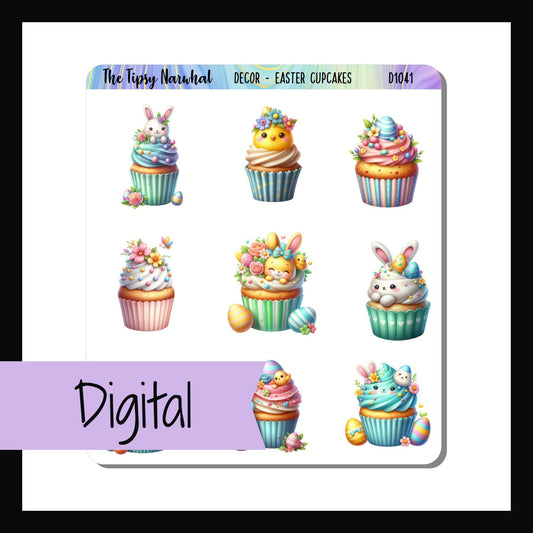 Digital Easter Cupcakes Decor Sheet is a digital download of the Easter Cupcakes Decor Sheet.  Features 9 cupcakes decorated with Easter bunnies, chicks, and eggs. 