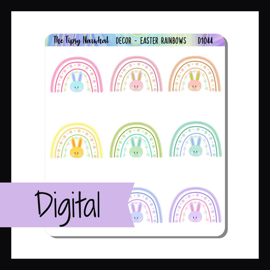 Digital Easter Rainbows Decor Sheet is a downloadable and printable version of the Easter Rainbows Decor Sheet.  It features 9 rainbow stickers of variable colors with a coordinating Easter buddy.