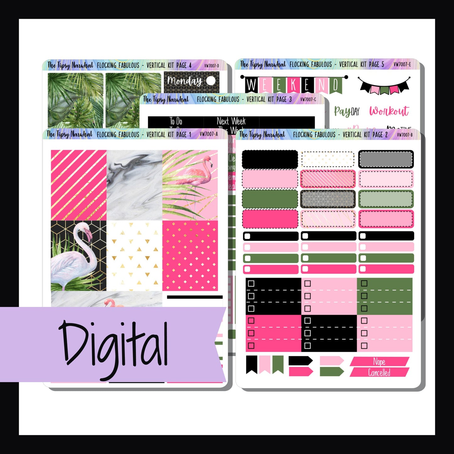 The Digital Flocking Fabulous Vertical Kit is a digital/printable version of the kit by the same name.  This bold kit features bright pinks and greens with a glamorous flamingo theme.