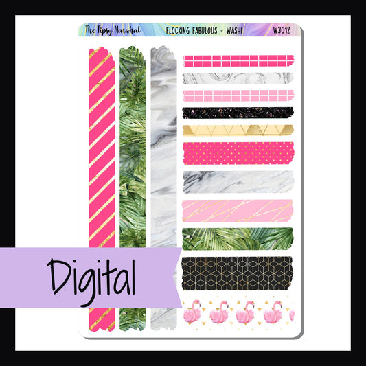 The Digital Flocking Fabulous Washi Sheet is a digital/printable version of the sheet by the same name.  It features 14 strips of washi stickers in various patterns and sizes all coordinating with the Flocking Fabulous Kits. 