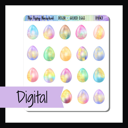 Digital Gilded Eggs Decor Sheet is a downloadable/printable version of the Gilded Eggs Decor Sheet. It features 20 differently dyed eggs all with a gold gilding on them.