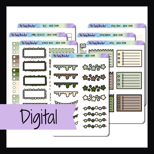 Digital Green Thumb Functional Add-ons is a digital/printable version of the sticker kit with the same name. It is a collection of 7 functional sticker sheets that coordinate with the Green Thumb weekly kits. 