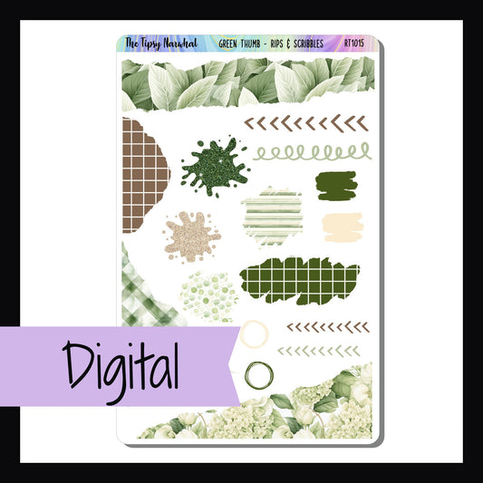 The Digital Green Thumb Rips & Scribbles Sheet is a digital/printable version of the sticker sheet by the same name.  It features a collection of stickers with a scribbled, splattered, and torn appearance.  All stickers coordinate with the Green Thumb weekly kits. 