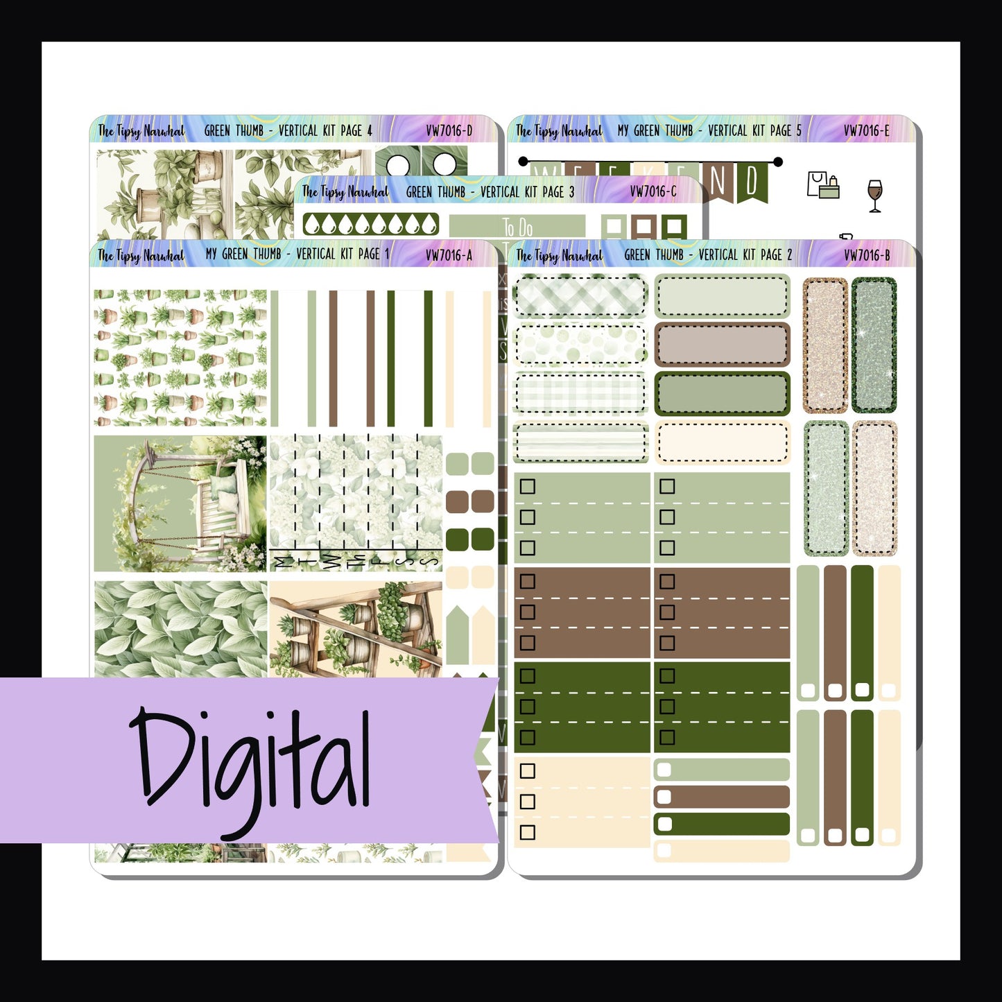 The Digital Green Thumb Vertical Weekly Kit is a digital/printable version of the sticker kit with the same name.  It features a gardening theme done in a color palette of vibrant greens, brown and beige. 