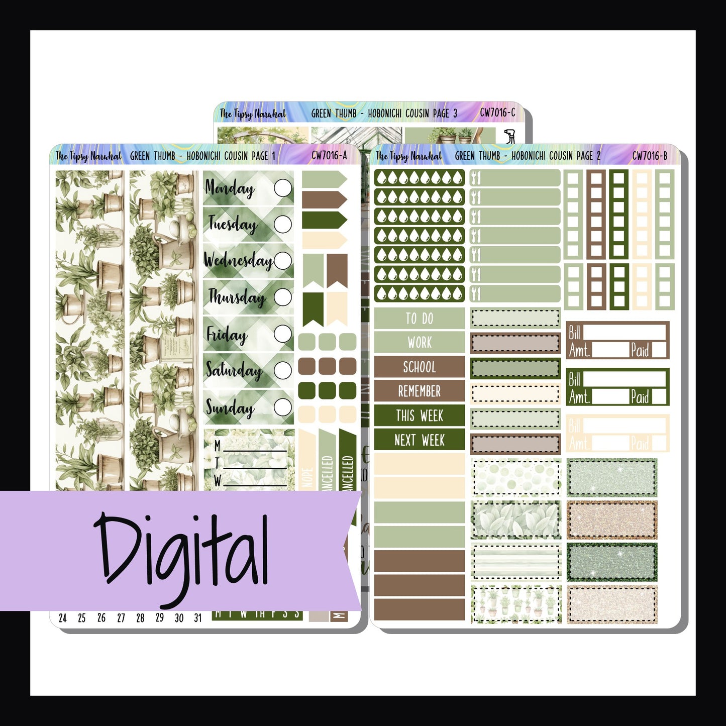 The Digital Green Thumb Hobonichi Cousin Kit is a digital/printable version of the sticker kit with the same name.  It is a 3 page sticker kit designed to best fit the hobonichi cousin and other similar A5 styled planners. It features a tranquil gardening theme and a green color palette. 