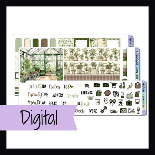 Digital Green Thumb Hobonichi Weeks Kit is a digital/printable version of the sticker kit with the same name.  It is a 3 page sticker kit sized to fit the Hobonichi Weeks planner and other similarly sized planners.  It features a tranquil garden theme. 