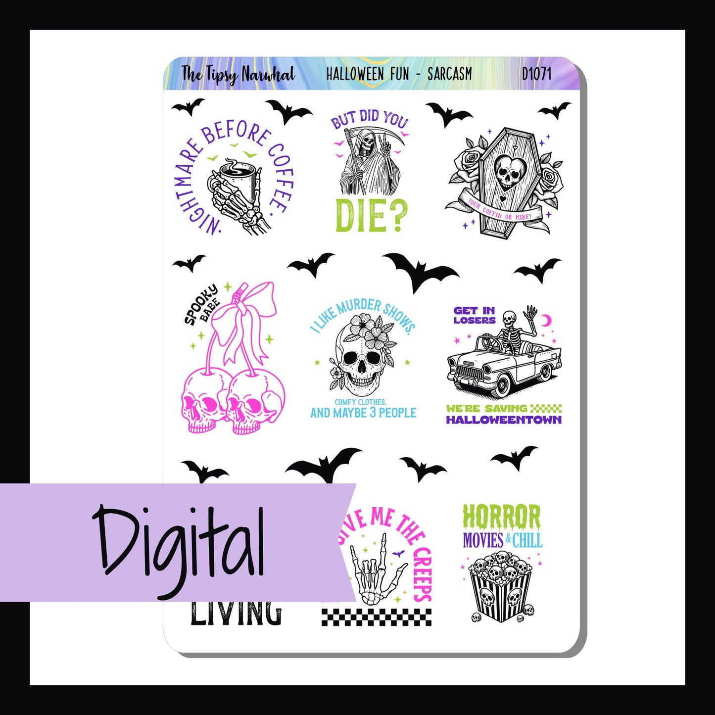 Digital Halloween Fun Sarcasm & Quotes Sheet is a digital/printable version of the sticker sheet by the same name.  It features 9 witty quote stickers about the Halloween season. 