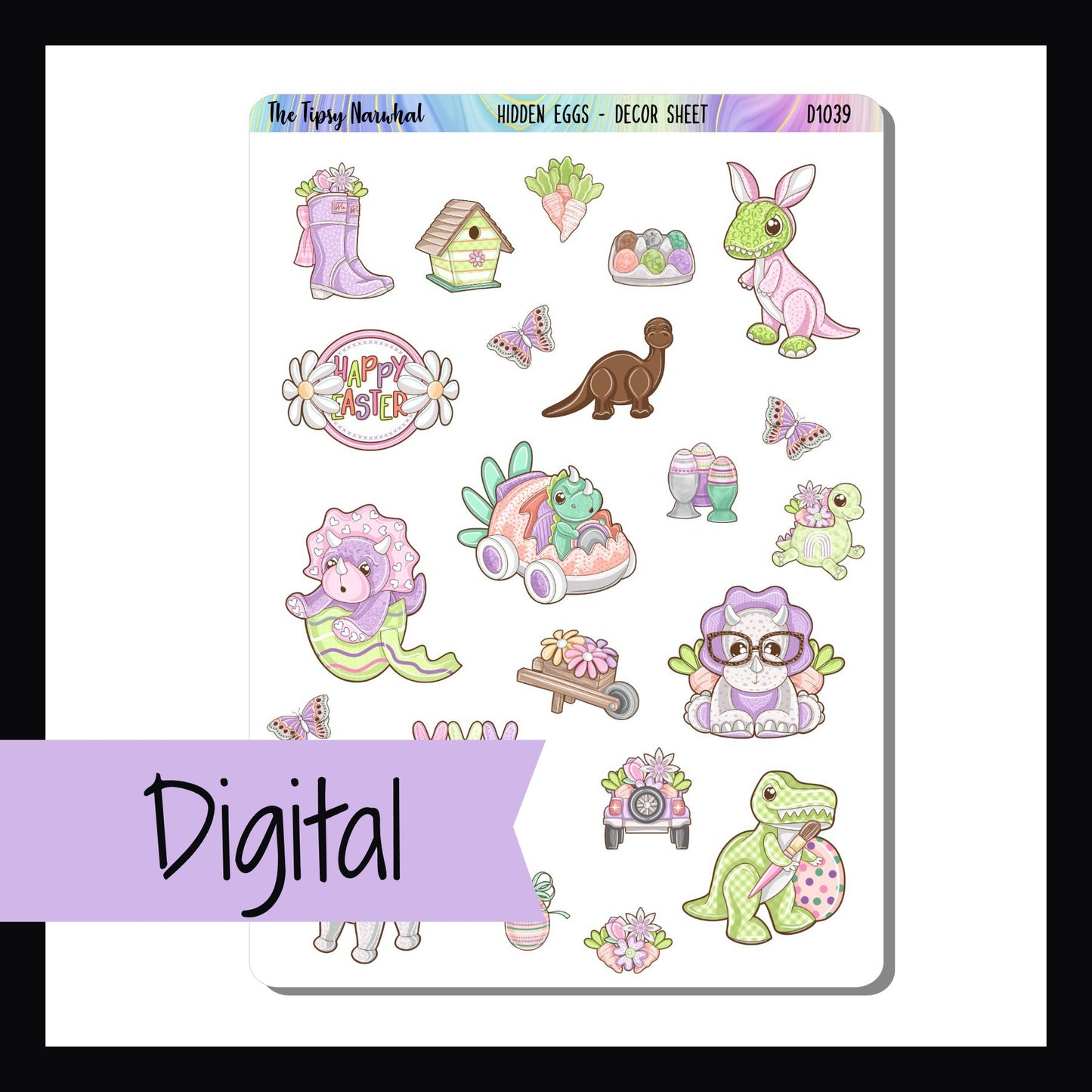 Digital Hidden Eggs Decor Sheet features various dinosaurs getting ready for the Easter holiday, spring items such as flowers, butterflies and eggs. 