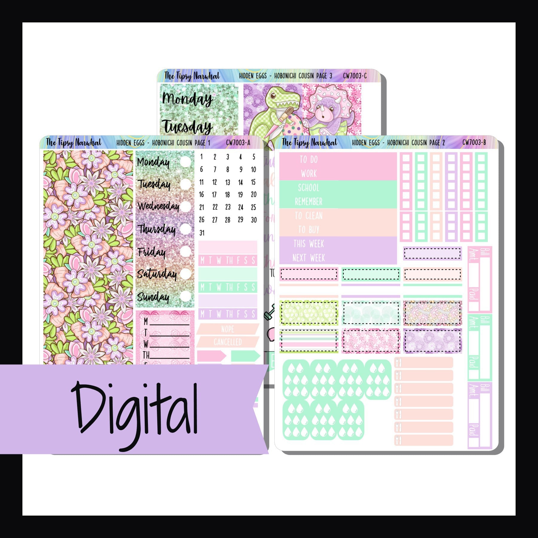 Digital Hidden Eggs Hobonichi Cousin Kit.  3 page Easter themed kit for the Hobonichi Cousin.