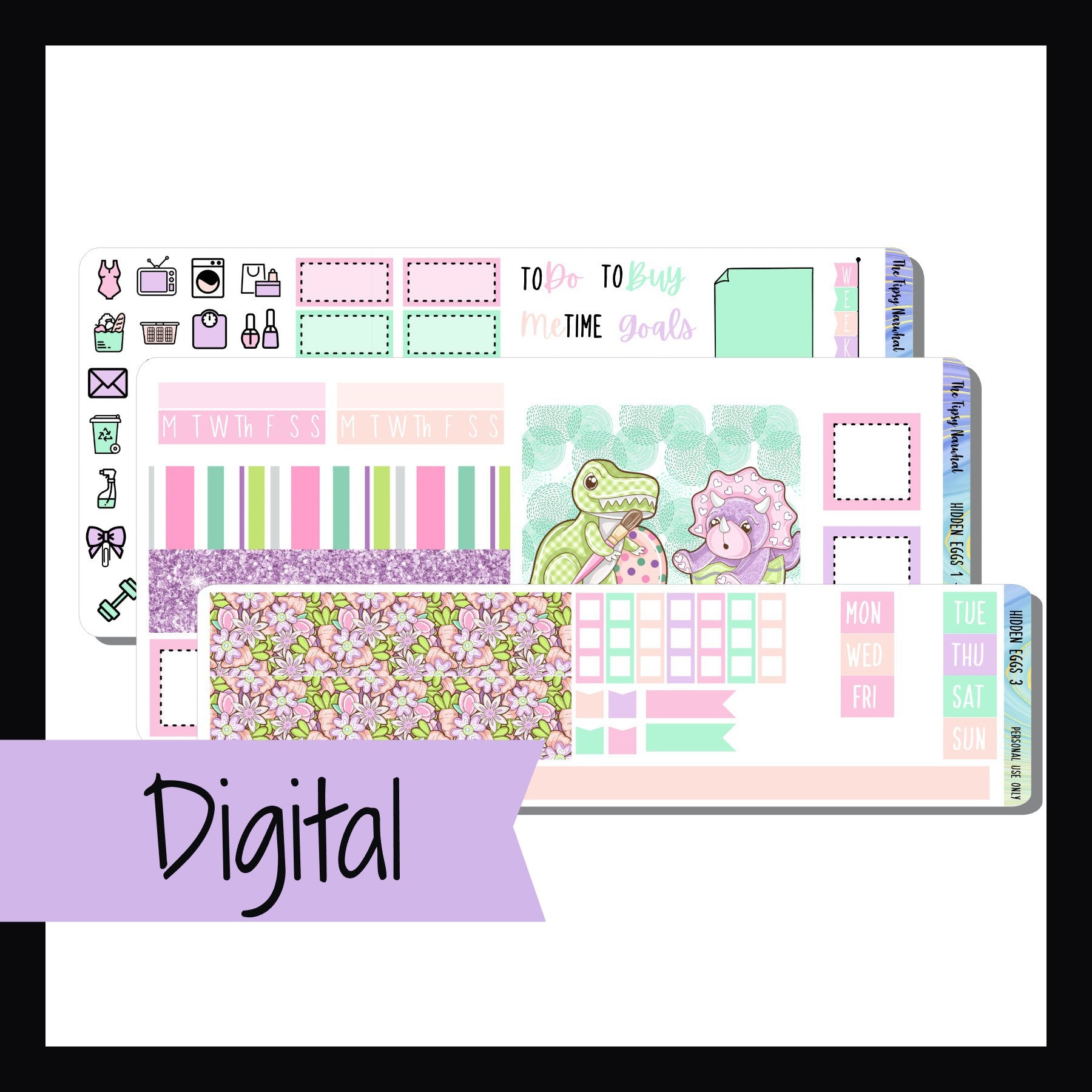 Digital Hidden Eggs Hobonichi Weeks Kit.  3 page Easter themed sticker kit sized to fit Hobonichi Weeks and similar type planners.