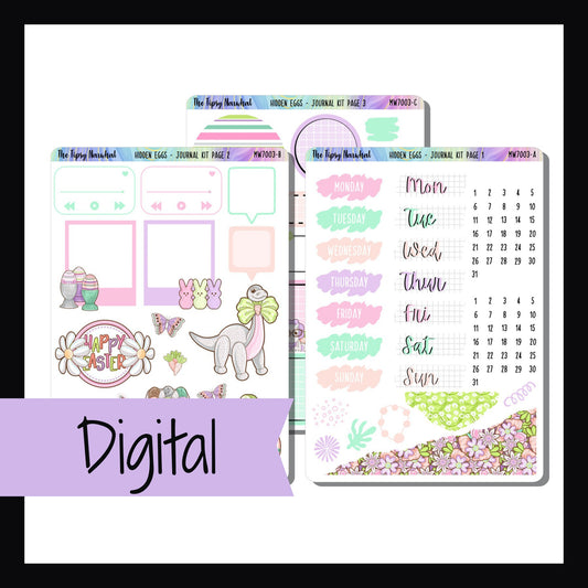 Digital Hidden Eggs Journal Kit.  3 page journal sticker kit featuring dinosaurs celebrating the Easter holiday. 