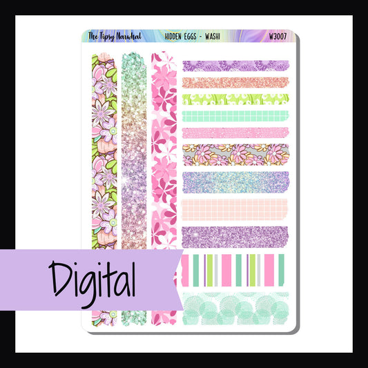 Digital Hidden Eggs Washi Sheet features 14 washi stickers of various sizes.  Colors and patterns coordinate with the Hidden Eggs Sticker Kits.