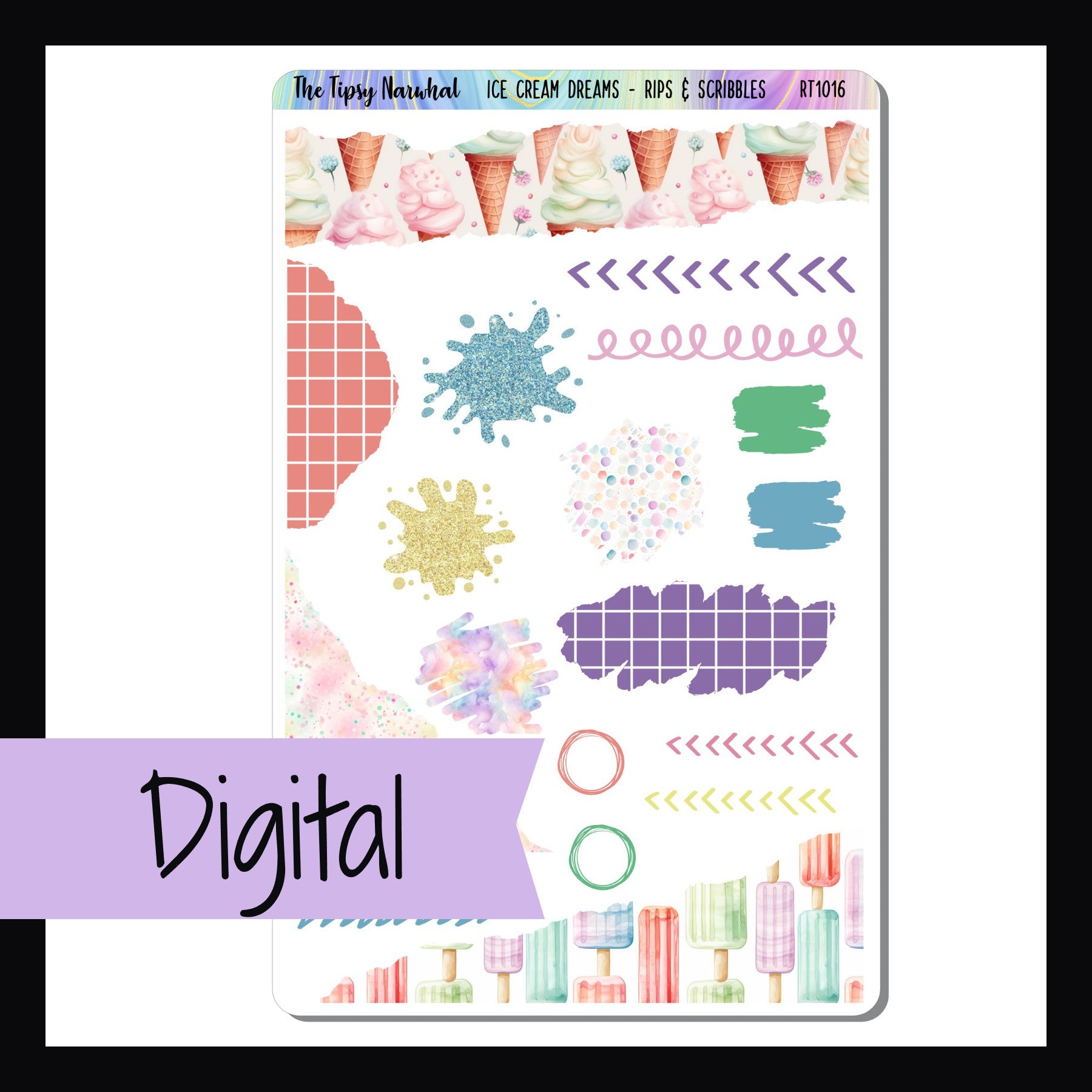 Digital Ice Cream Dreams Rips & Scribbles Sheet is a digital/printable version of the sticker sheet with the same name.  It is a full sized sticker sheet featuring various stickers with a splash, scribble, or torn appearance.  All coordinate with the Ice Cream Dreams weekly kits.