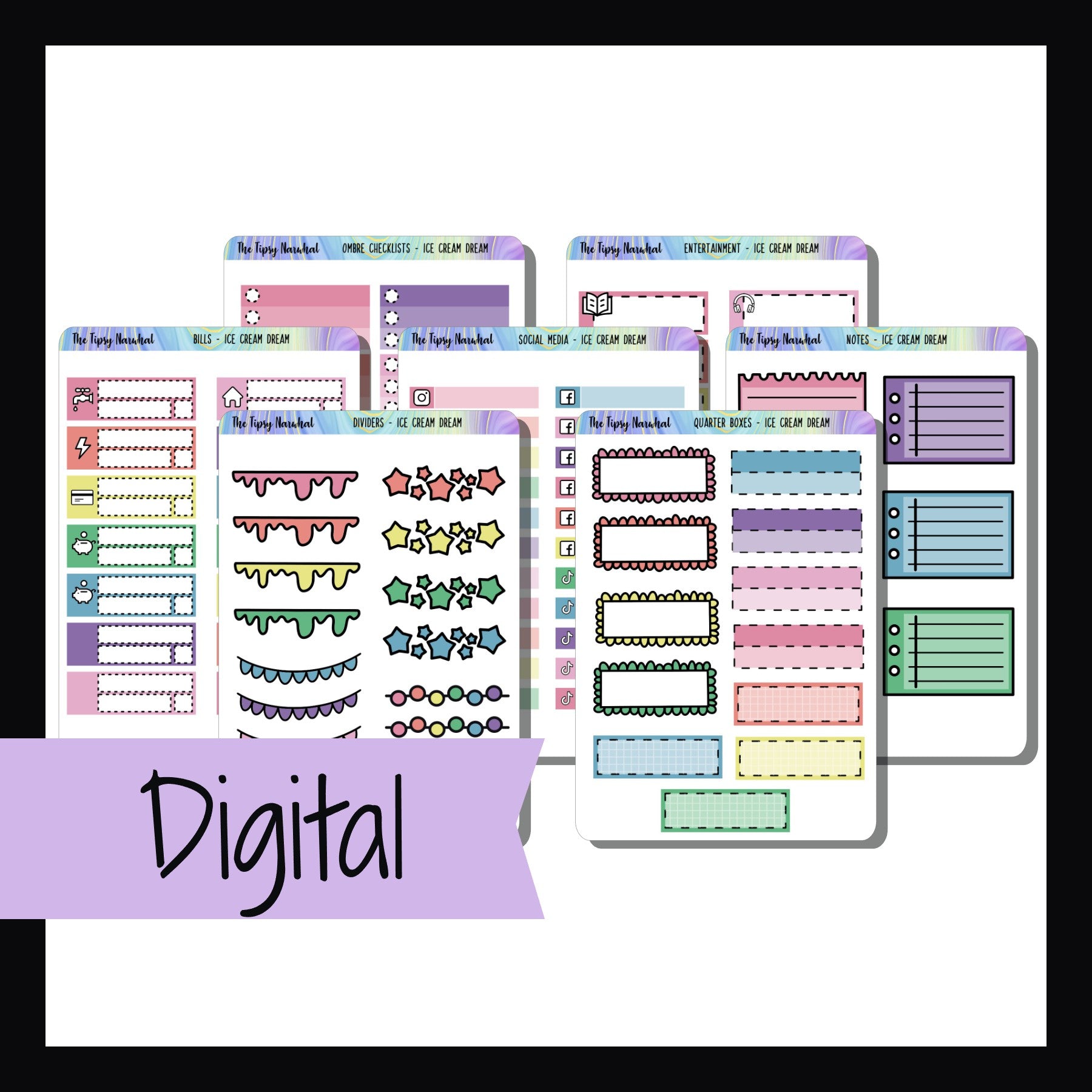 Digital Ice Cream Dreams Kit Matching Add-Ons is a digital/printable version of the sticker sheet with the same name. It's  a collection of 7 sticker sheets.  Each sheet features functional stickers designed to coordinate with the Ice Cream Dreams weekly kits. 