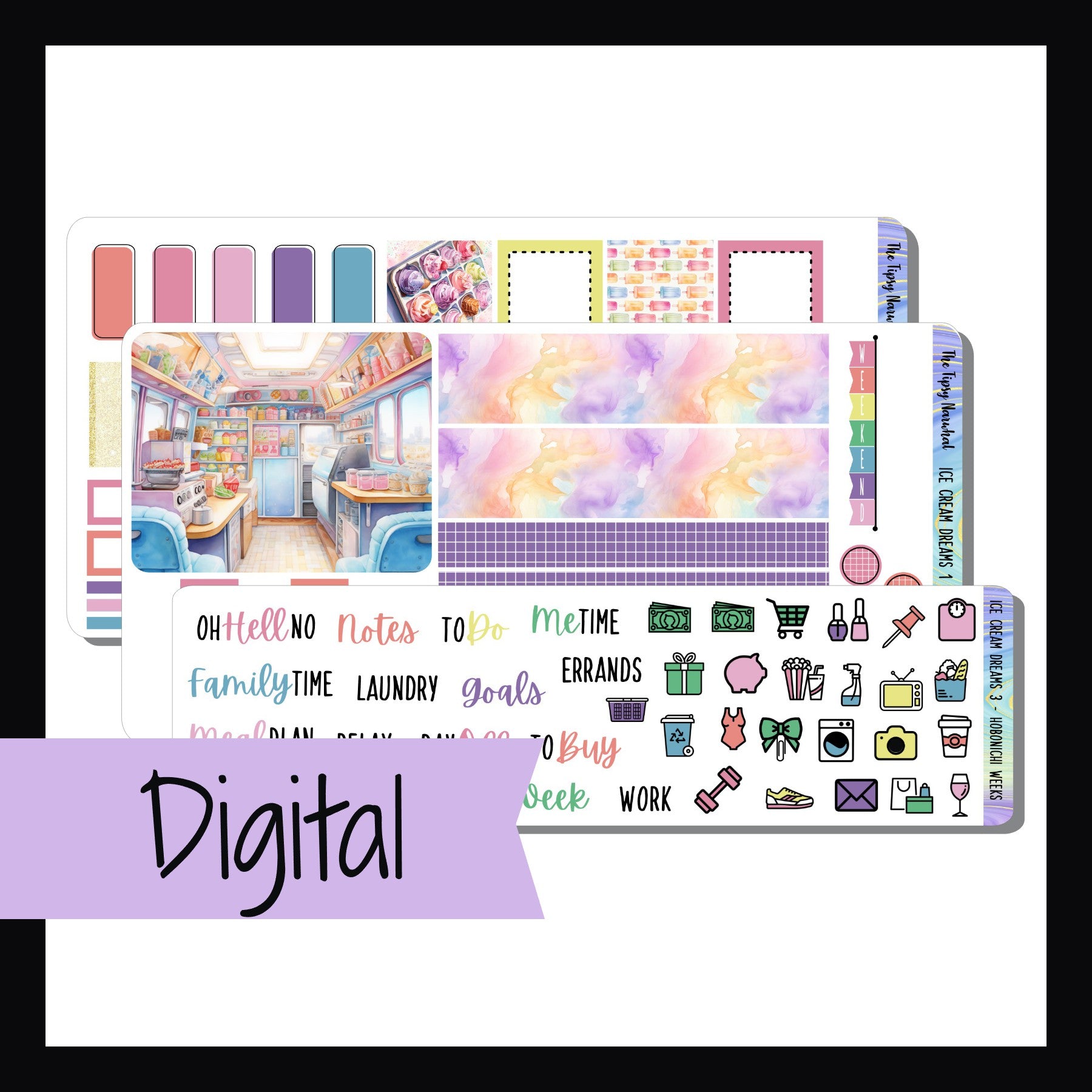 Digital Ice Cream Dreams Hobonichi Weeks is a digital/printable version of the sticker kit with the same name.  It is a 3 page sticker kit designed to best fit the Hobonichi Weeks and other similarly sized planners.  It features an ice cream theme and a pastel rainbow color palette. 