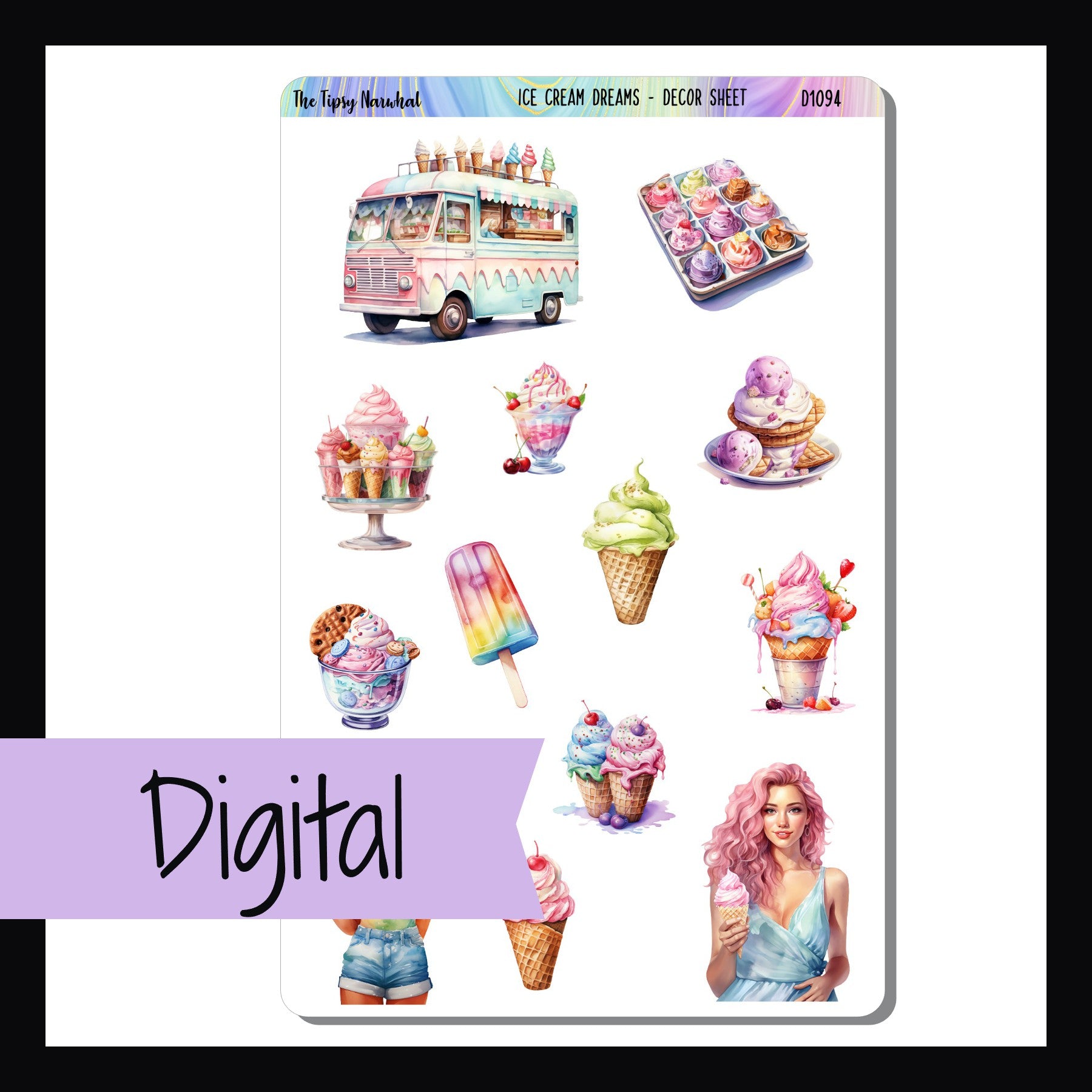 Digital Ice Cream Dreams Decor Sheet is a digital/printable version of the sticker sheet with the same name. It is a full size sticker sheet featuring a selection of colorful frozen treats and an ice cream truck.  