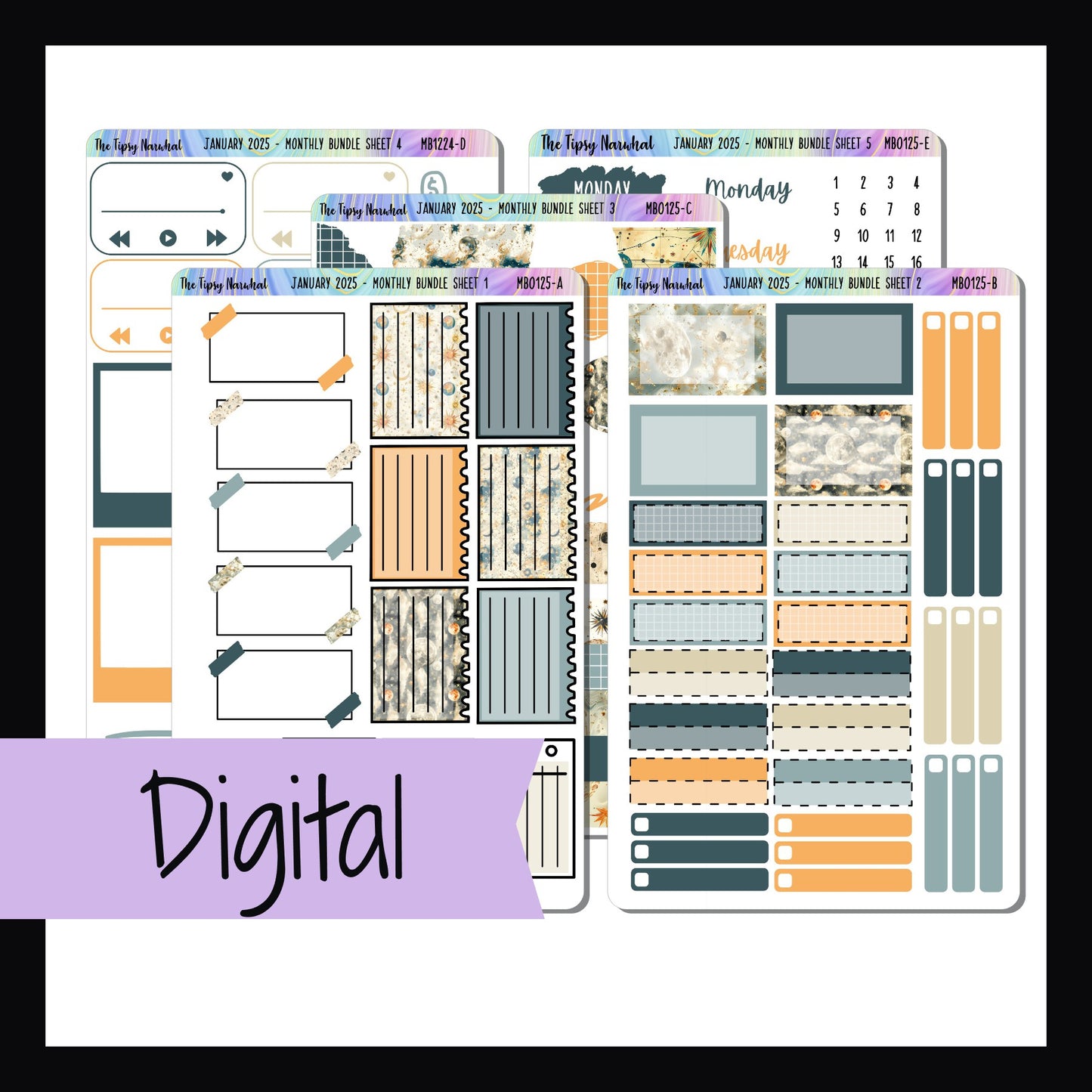 The Digital January 2025 Monthly Bundle is a digital/printable version of the sticker kit by the same name.  It is a 5 page sticker kit focusing mostly on functional stickers.  The celestial themed kit features a color palette consisting of blues and yellows. 