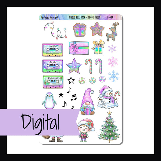 Digital Jingle Bell Rock Decor Sheet is a digital printable version of the sticker sheet with the same name.  It features multiple brightly colored Christmas themed stickers.  Sizes of the stickers vary by design. 