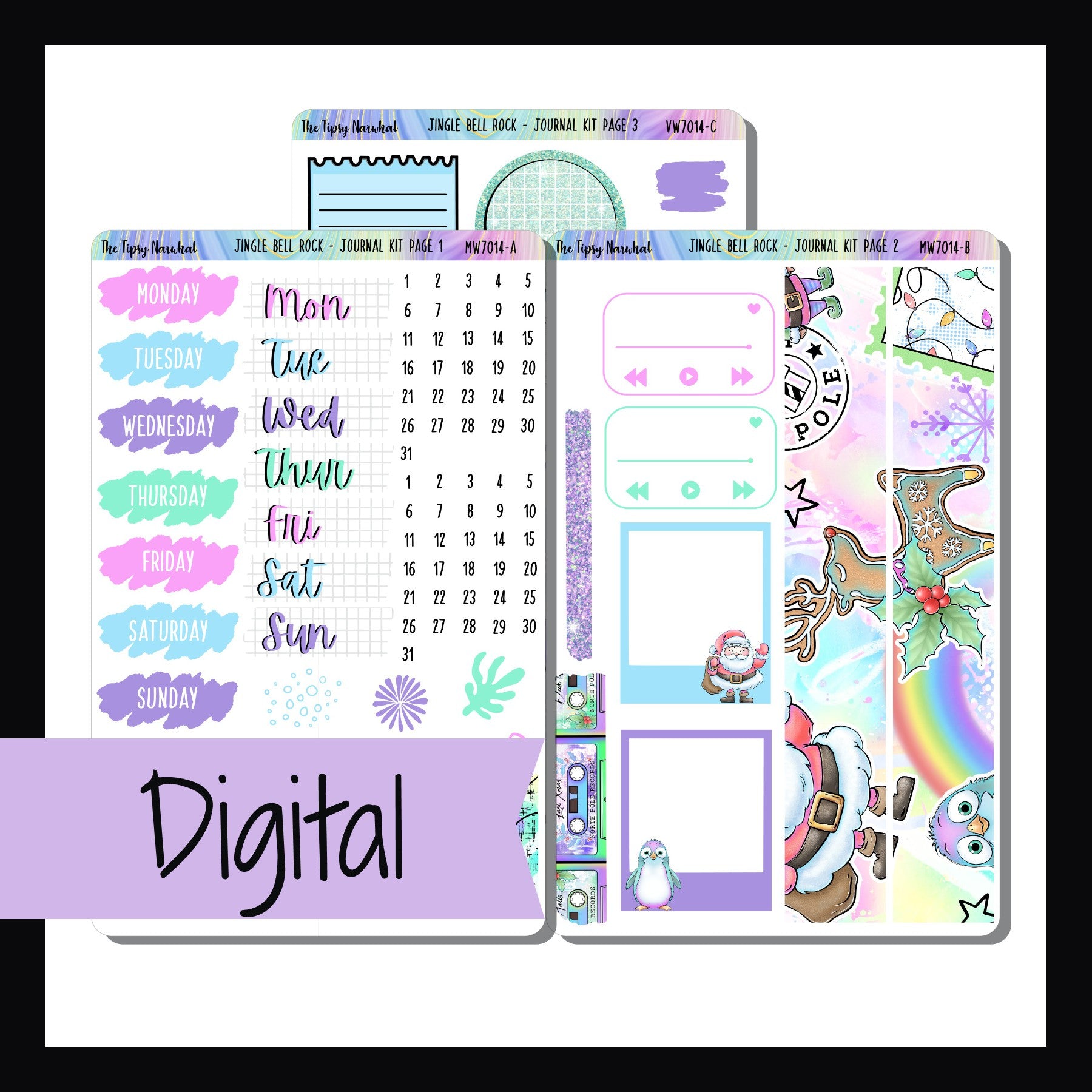 Digital Jingle Bell Rock Journal kit is a digital/printable version of the sticker kit with the same name.  This decor heavy kit features a bright Christmas theme with a focus on holiday music.  Download includes PNG, PDF, JPEG and SVG files.