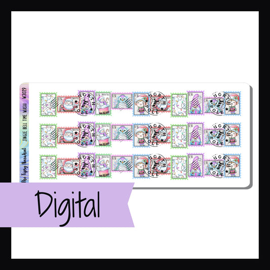 Digital Jingle Bell Time Washi is the digital/printable version of the sticker sheet with the same name.  It features 3 strips of fancy cut washi with a brightly colored Christmas theme.  It matches the Jingle Bell Rock weekly kits. 