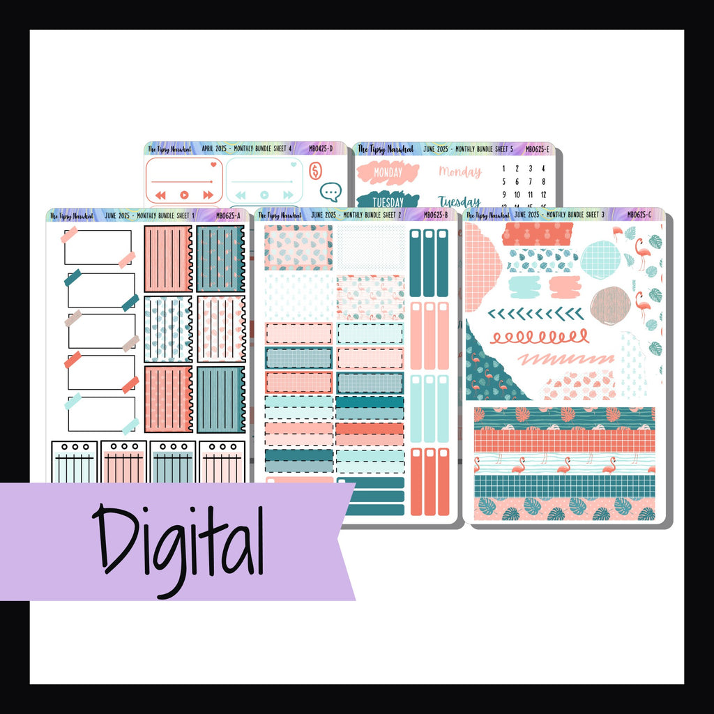 Digital June 2025 Monthly Bundle is a digital/printable version of the sticker kit with the same name.  The limited edition theme focuses on flamingos and features a color palette of corals and aquas.  The download contains PDF, JPEG, PNG image files as well as an SVG cut file.