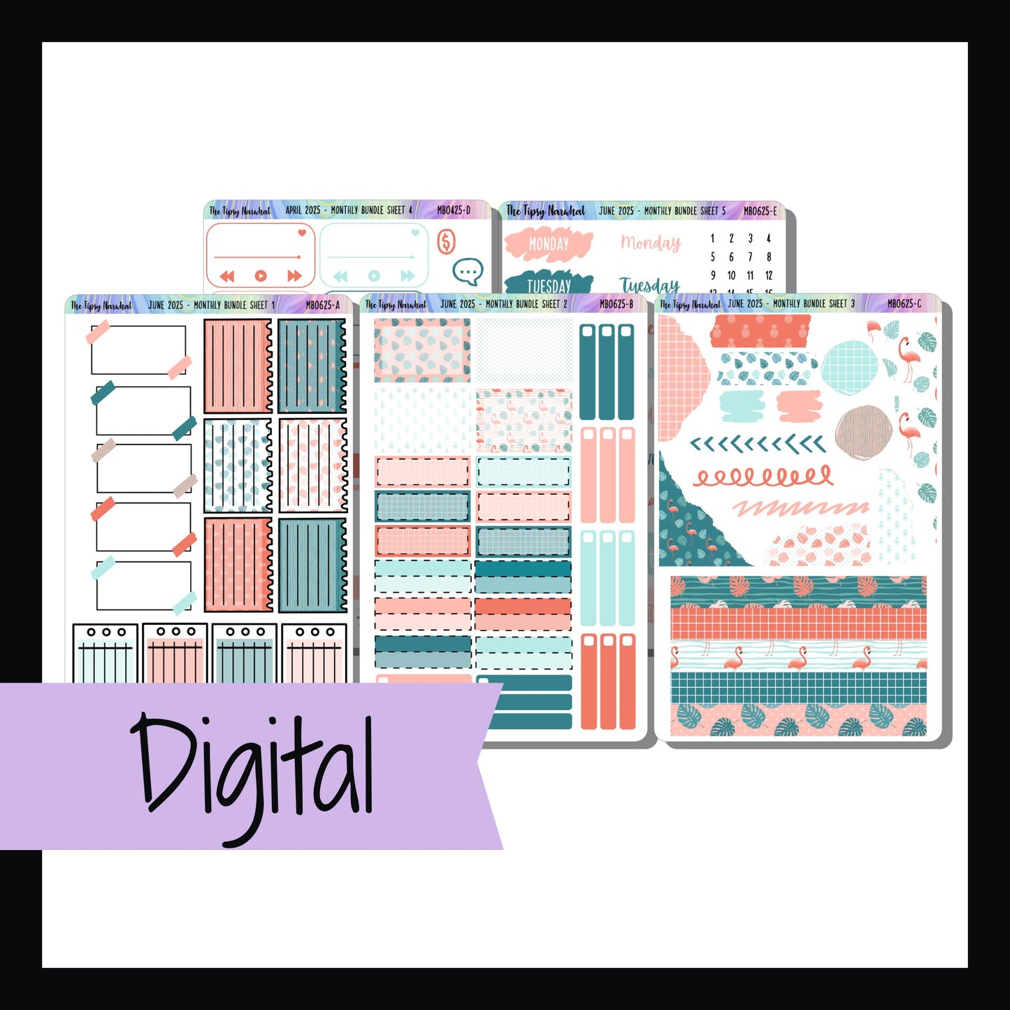 Digital June 2025 Monthly Bundle is a digital/printable version of the sticker kit with the same name.  The limited edition theme focuses on flamingos and features a color palette of corals and aquas.  The download contains PDF, JPEG, PNG image files as well as an SVG cut file.