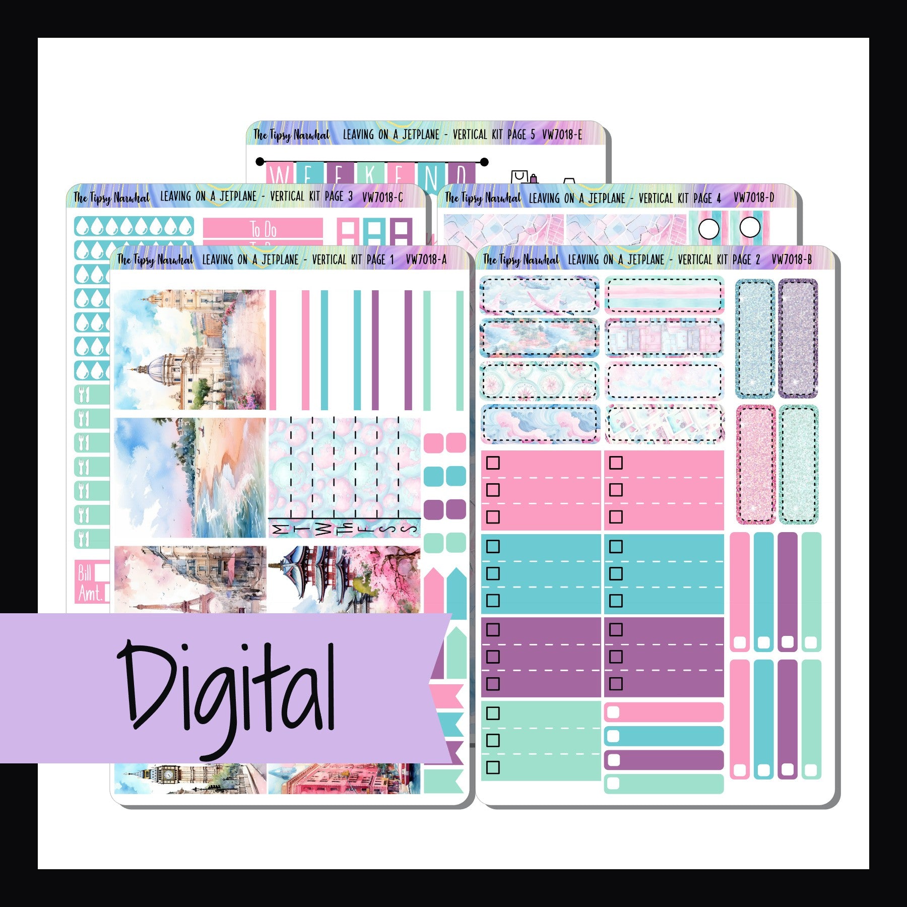 Digital Leaving on a Jet Plane Vertical Kit is a digital/printable version of the sticker kit with the same name.  This 5 page sticker kit is designed to work with most standard vertical planner layouts.  It features a travel theme and a color palette of pink, blue, purple, and mint.