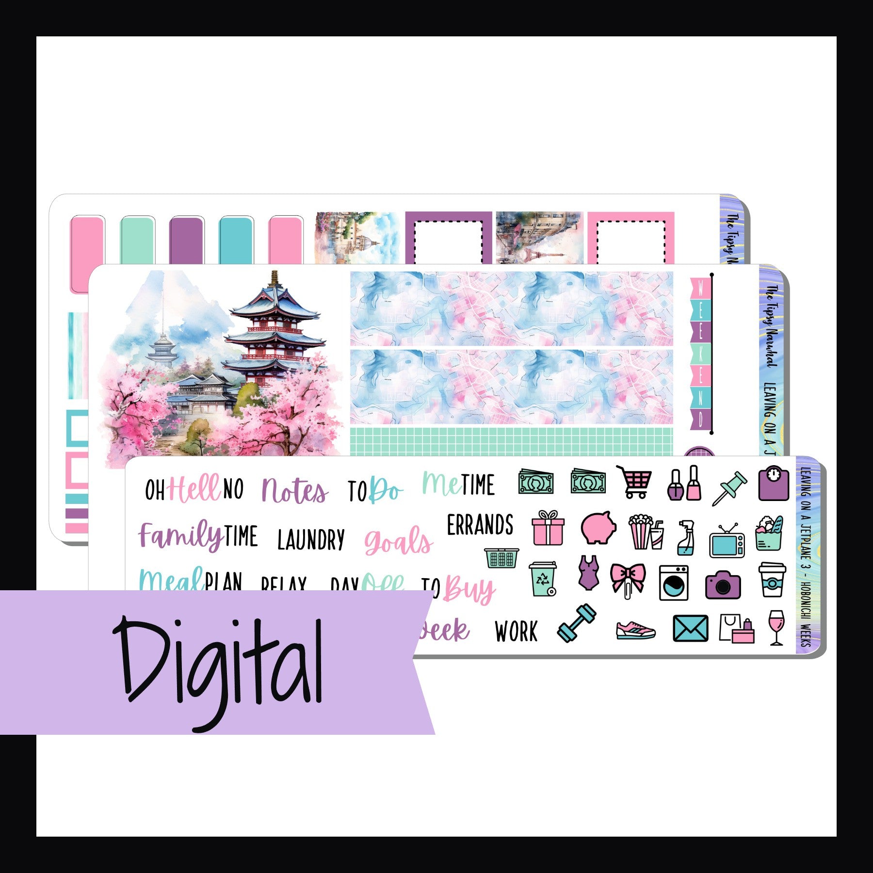 Digital Leaving on a Jet Plane Hobonichi Weeks Kit is a digital/printable version of the sticker kit with the same name.  It is a 3 page sticker kit designed to work best in weeks style planners.  Featuring a traveling theme the color palette of this kit is pink, purple, blue, and mint. 