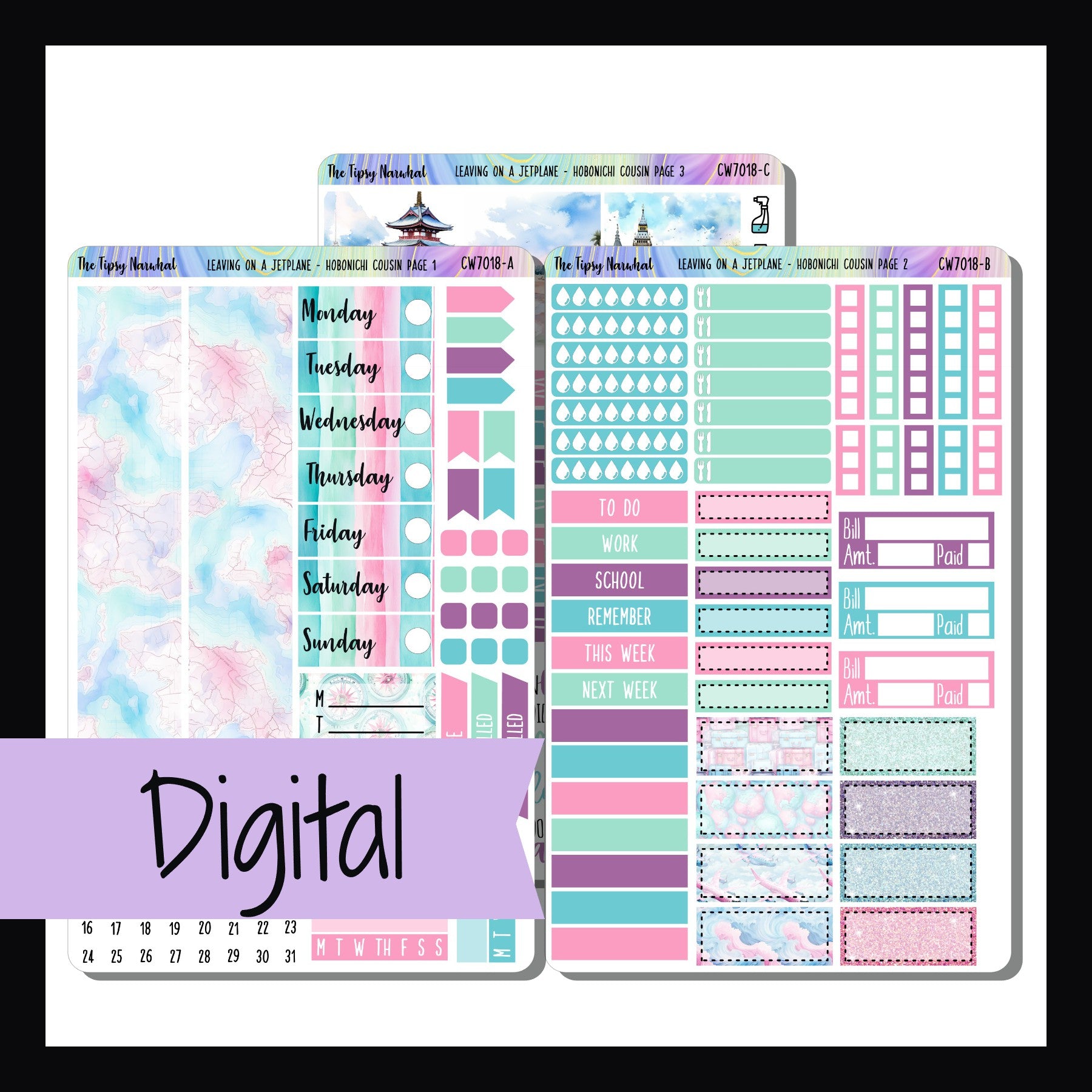Digital Leaving on a Jet Plane Hobonichi Cousin Kit is the digital/printable version of the sticker kit with the same name.  This 3 page kit is designed to work well in Hobonichi Cousin planners and other similarly sized planners.  It features a travel theme and a color palette of pink, purple, blue, and mint. 