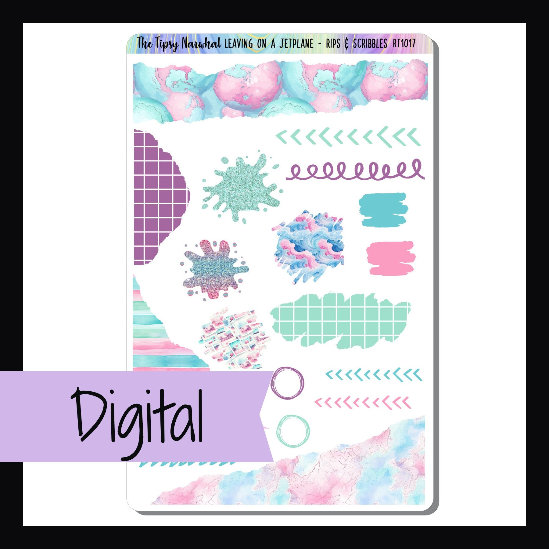 Digital Leaving on a Jet Plane Rips & Scribbles Sheet is a digital/printable version of the sticker sheet with the same name.  It is a sticker sheet featuring a variety of decorative stickers with a scribbled, splattered or ripped like appearance.  The colors and patterns coordinate with the Leaving on a Jet Plane weekly kits.