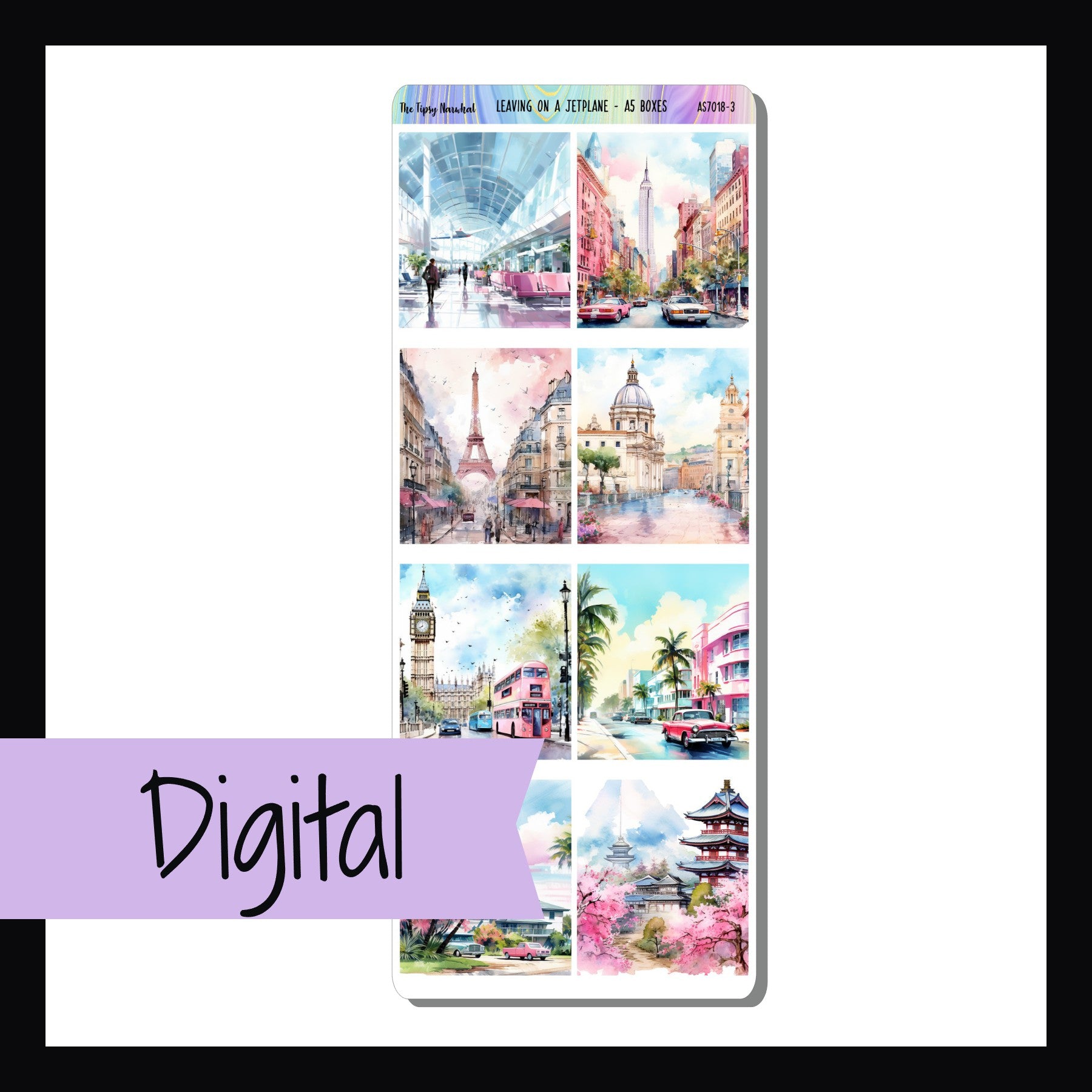 Digital Leaving on a Jet Plane A5 Boxes is a digital/printable version of the sticker sheet with the same name.  This sheet features 8 deco box stickers designed to fit A5 sized planners.  Each sticker depicts a scene matching the Leaving on a Jet Plane weekly kits. 