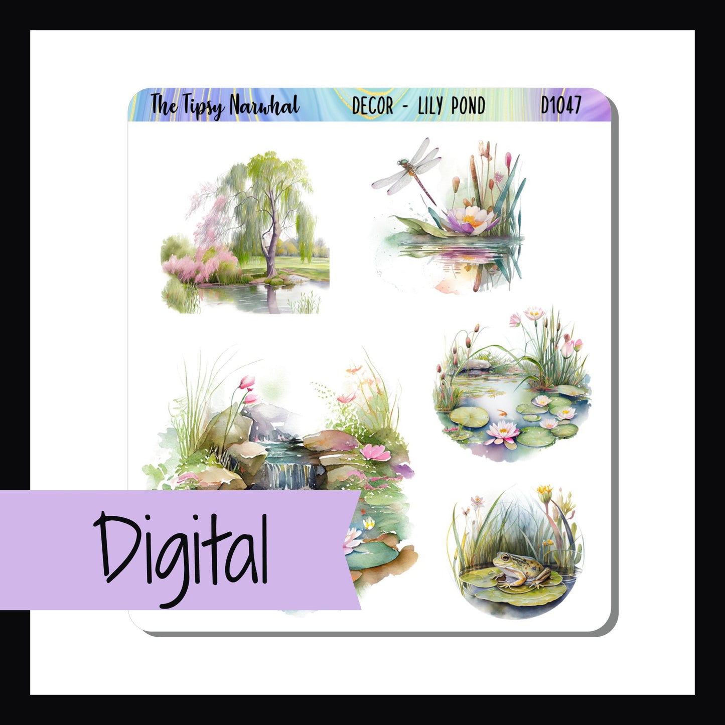 The Digital Lily Pond Decor Sheet is the digital/printable version of the Lily Pond Decor Sheet.  The sheet features 5 stickers all depicting different views of a serene lily pond.