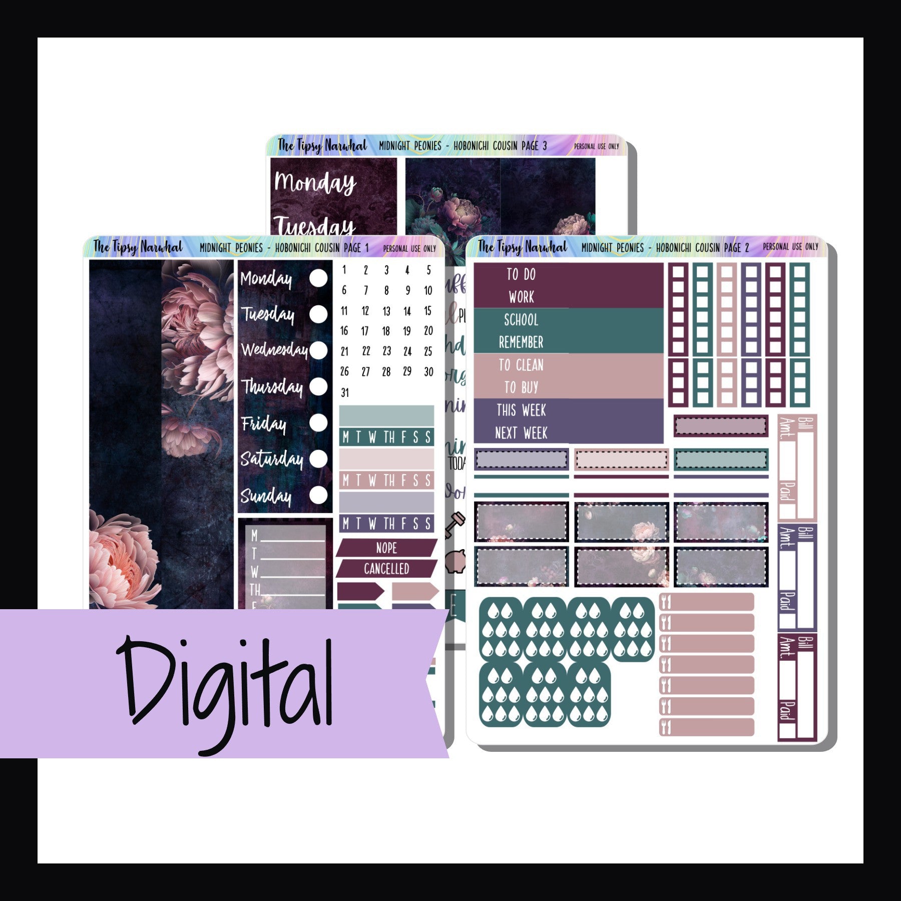 Digital Midnight Peonies Hobonichi Cousin Kit is a digital/printable version of our Midnight Peonies sticker kit.  This 3 pages kit was sized to work in Hobonichi Cousin and other similarly sized planners.  The kit features various pink peonies on dramatic dark backgrounds.