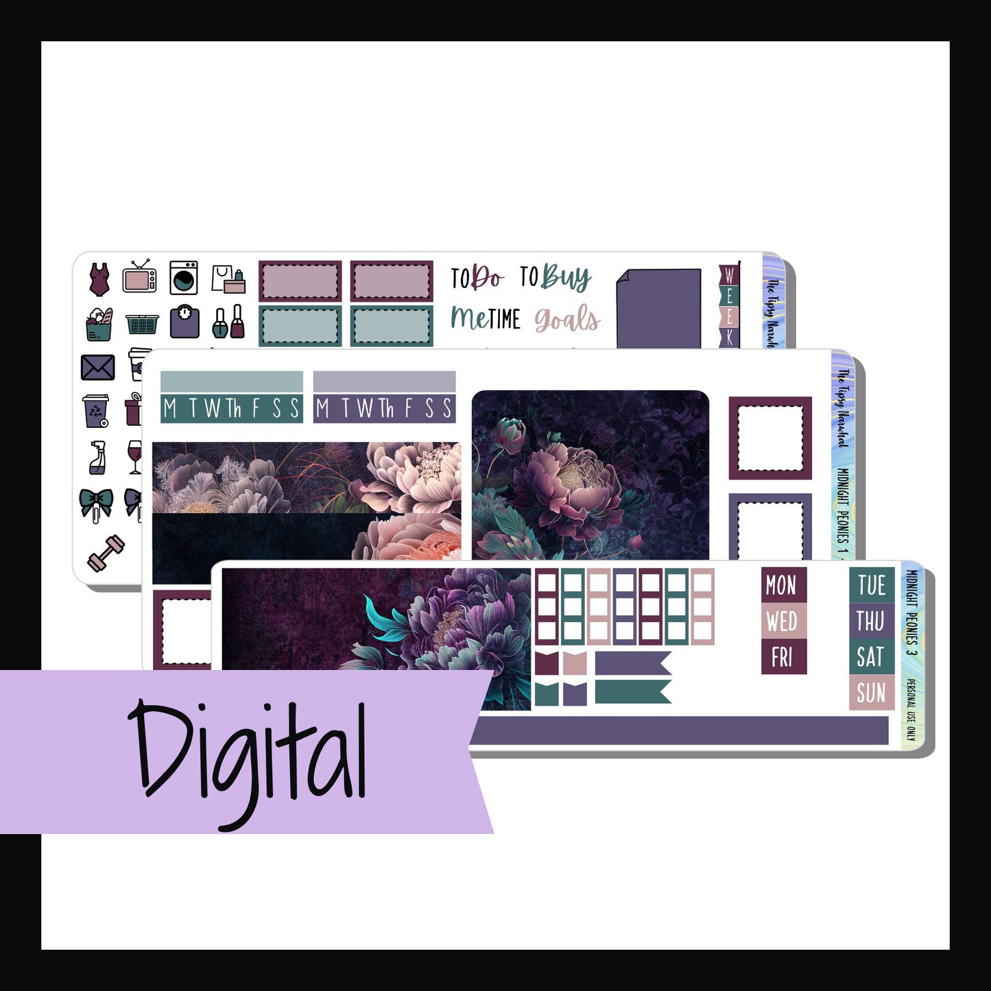 Digital Midnight Peonies Hobonichi Weeks Kit is a digital/printable version of our Midnight Peonies sticker kit.  It's a 3 page kit sized to fit the hobonichi weeks and other similarly sized planners.  It features beautiful pink peonies on a dramatic dark background.