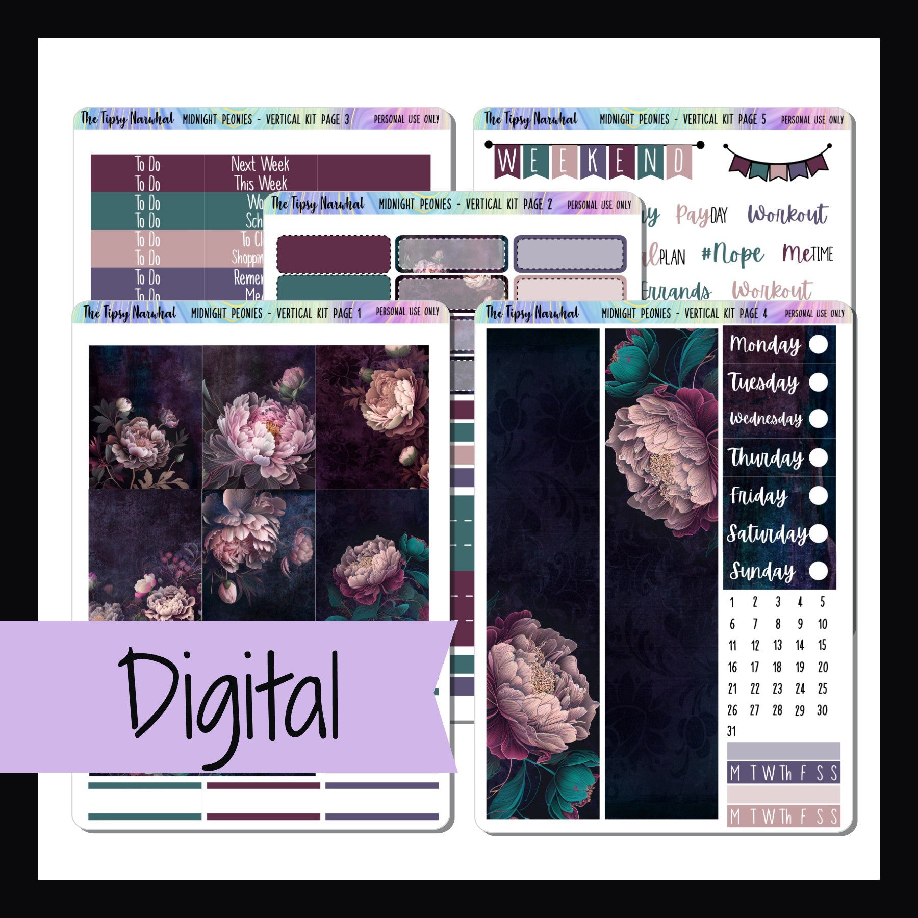 Digital Midnight Peonies Vertical kit is a digital/printable version of the Midnight Peonies sticker kit.  It is a 5 page sticker kit sized to fit popular vertical style planner layouts.  Features a variety of pink peonies on dramatically dark backgrounds.