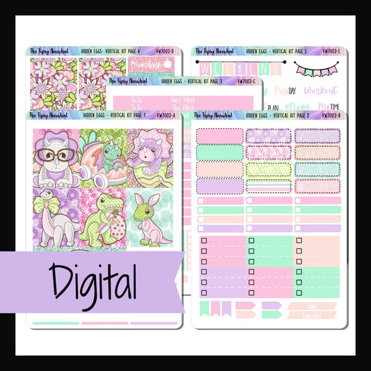 Digital Hidden Eggs Vertical Kit.  Download includes 5 page sticker kit for vertical planners.  Kit is Easter themed and features dinosaurs.