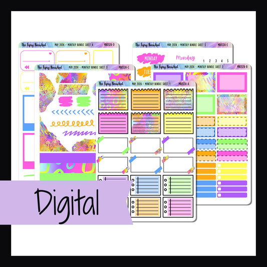 Digital May 2024 Monthly Bundle is a digital/printable version of the May 2024 Monthly Bundle.  A 5 page set of functional stickers featuring a neon color theme.
