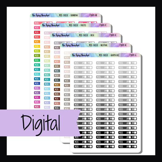Digital Med Check Stickers is a digital/printable version of our Med Check Stickers.  Track your daily meds or vitamins with these universally sized stickers.  All 5 color palettes included.