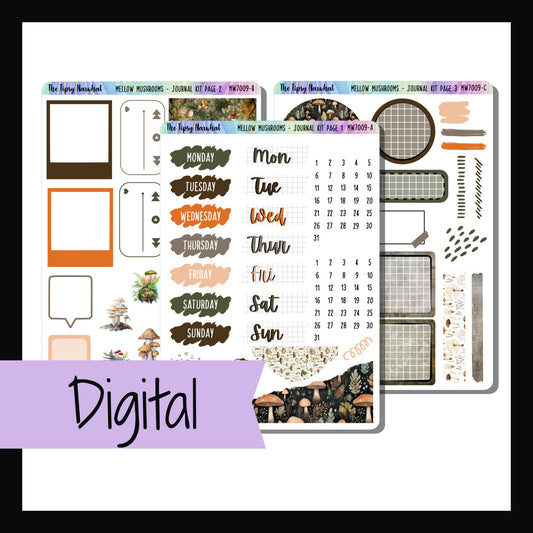 The Digital Mellow Mushrooms Journal Kit is a digital/printable version of the sticker kit by the same name.  It features a whimsical mushroom theme with an earthy color palette.