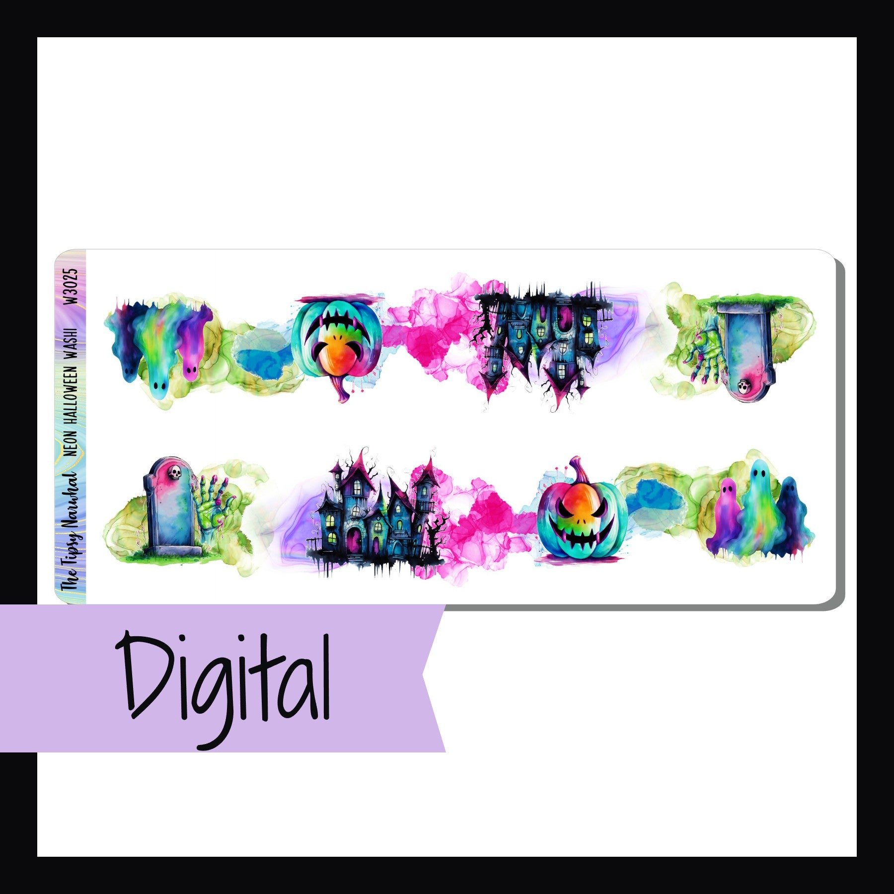 Digital Neon Halloween Washi is a digital/printable version of the sticker sheet with the same name.  It features two strips of stickers featuring Halloween icons in bright neon colors. 