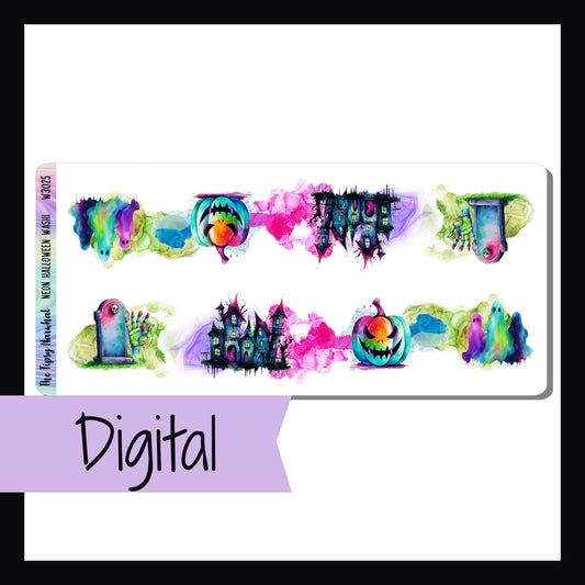 Digital Neon Halloween Washi is a digital/printable version of the sticker sheet with the same name.  It features two strips of stickers featuring Halloween icons in bright neon colors. 