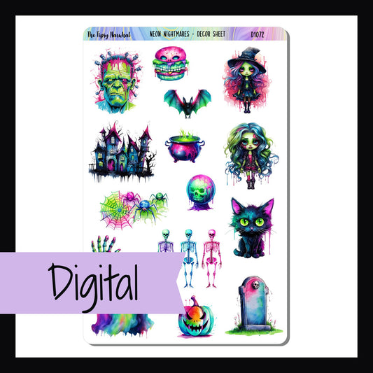 The Digital Neon Nightmares Decor Sheet is the digital/printable version of the sticker sheet with the same name.  It features several brightly colored Halloween themed stickers including a haunted house, witch, ghosts, skeletons, and more.
