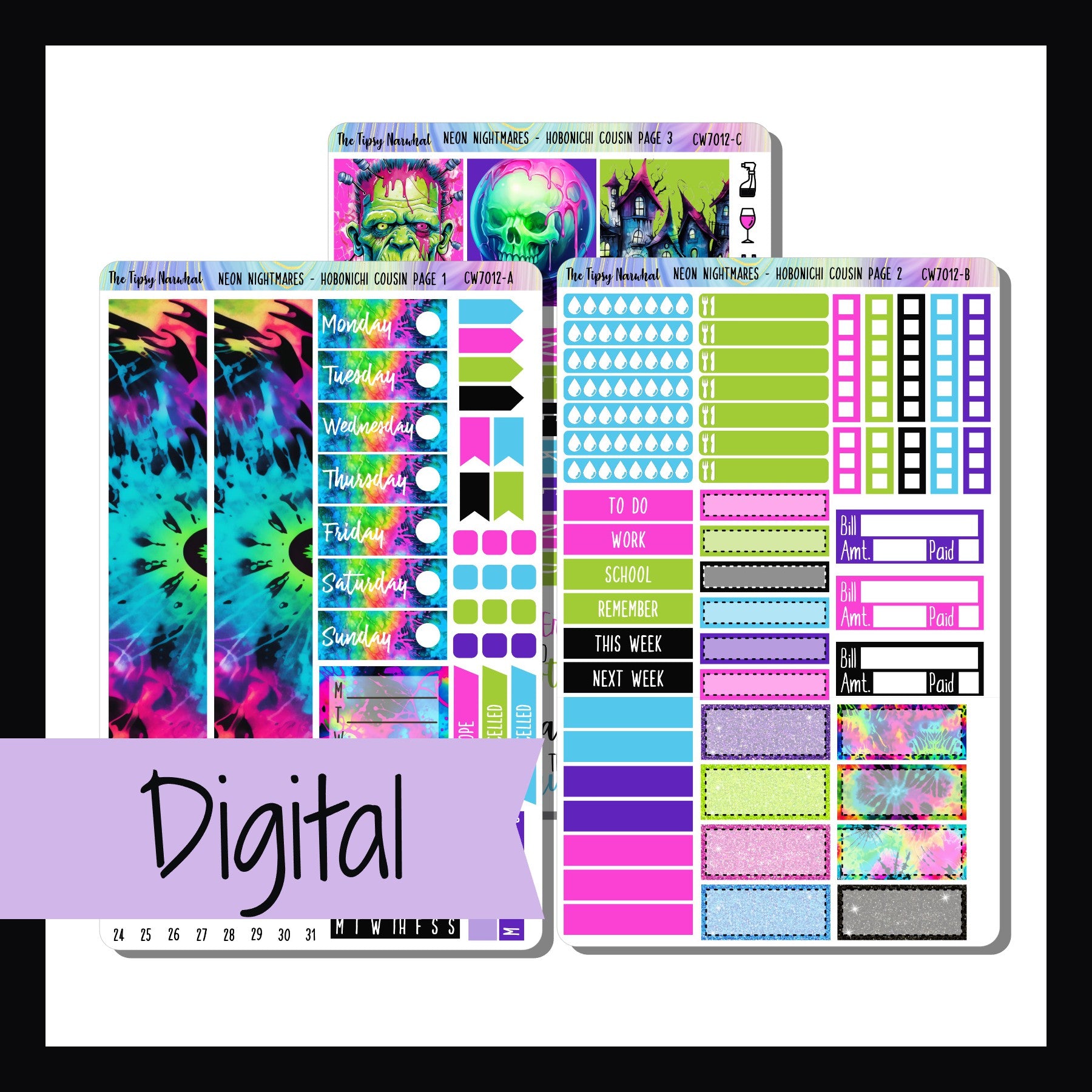 Digital Neon Nightmares Hobonichi Cousin kit is a digital/printable version of the kit by the same name.  It is a 3 page kit designed to fit the hobonichi cousin planner.  It features a Halloween theme done in a neon color palette. 